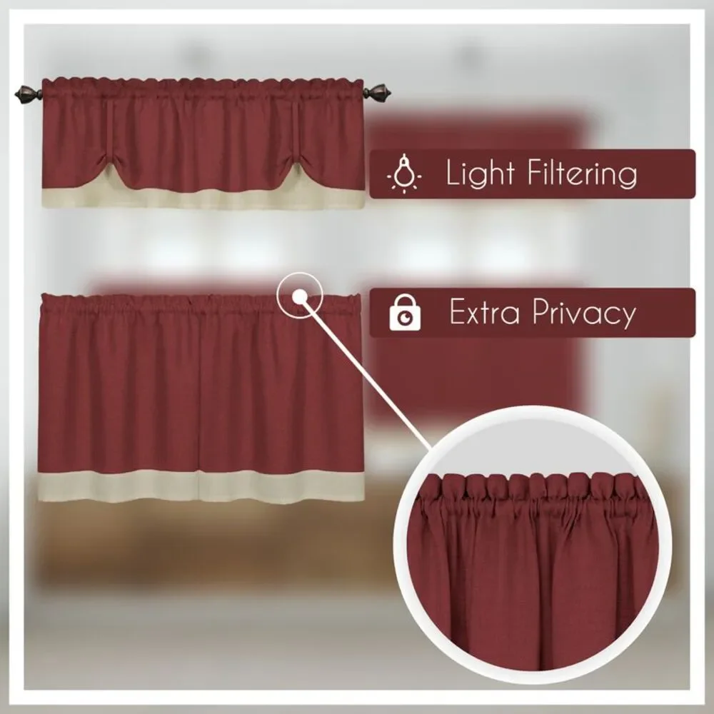 Woven Trends Two-Tone Window Curtain Tier Pair & Valance Set, Double Layer Small